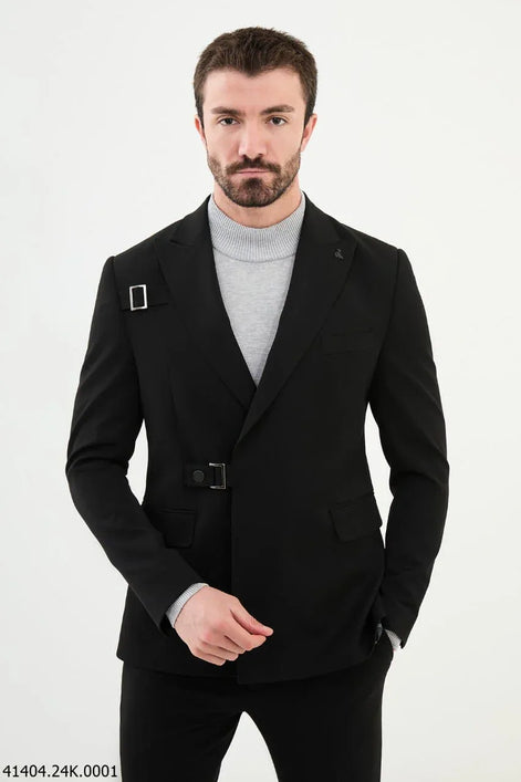 Tea Black Slim Fit Double Breasted Men's Buckle Blazer