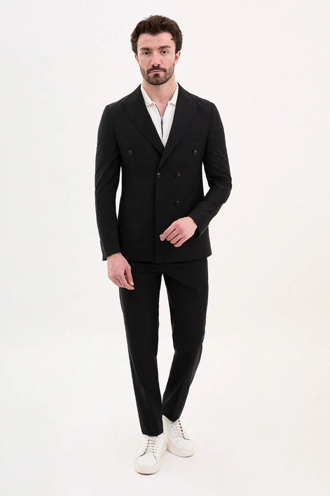 GentWith Tea Black Slim Fit Double Breasted Suit