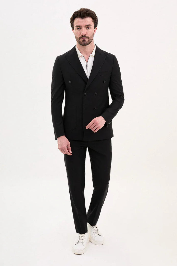GentWith Tea Black Slim Fit Double Breasted Suit