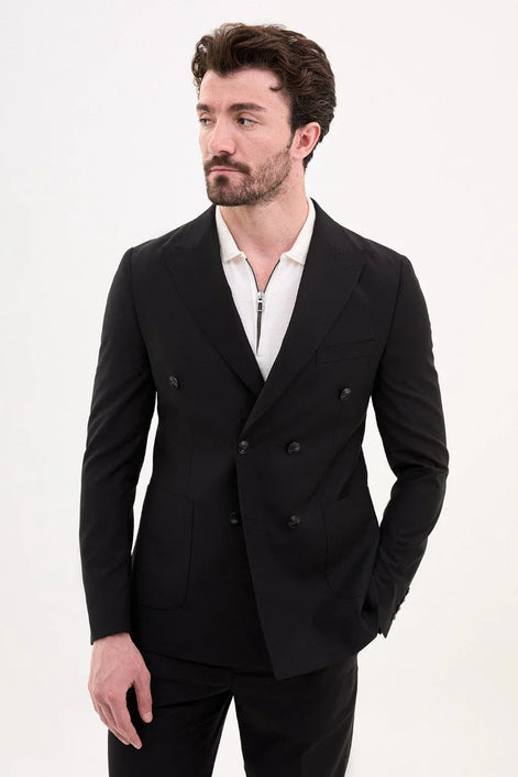 GentWith Tea Black Slim Fit Double Breasted Suit