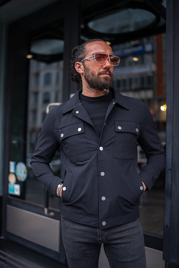 Tea Black Slim Fit Double Pocket Buttoned Coat