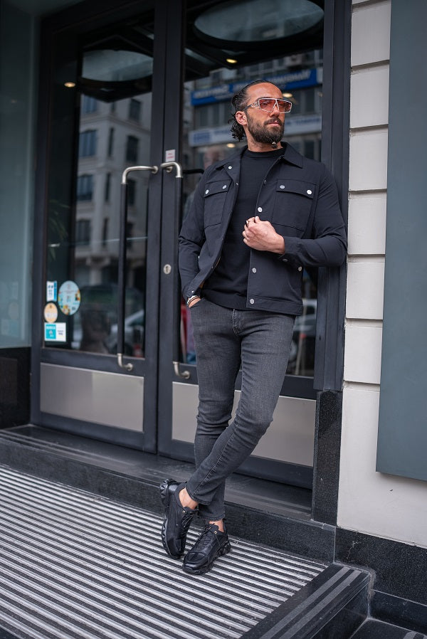 Tea Black Slim Fit Double Pocket Buttoned Coat