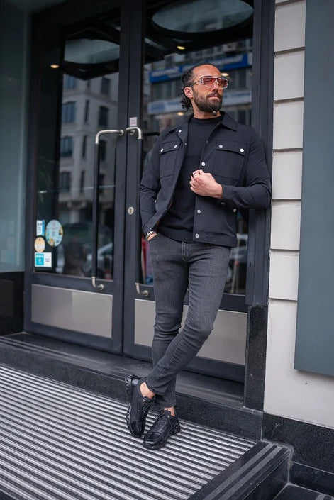 Tea Black Slim Fit Double Pocket Buttoned Coat