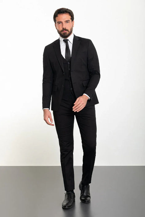 Tea Slim Fit Notch Lapel Black 3 Piece Suit