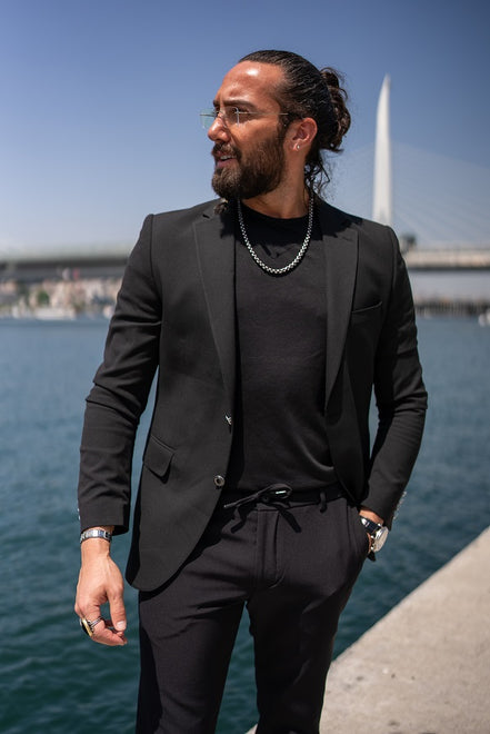 Tea Slim Fit Notch Lapel Black Blazer