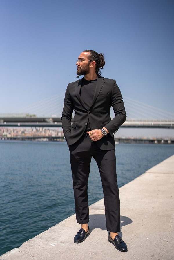 Tea Slim Fit Notch Lapel Black Blazer