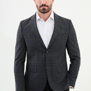 Tea Black Slim Fit Notch Lapel Men's Plaid Wool Blazer