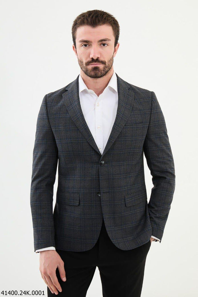 Tea Black Slim Fit Notch Lapel Men's Plaid Wool Blazer