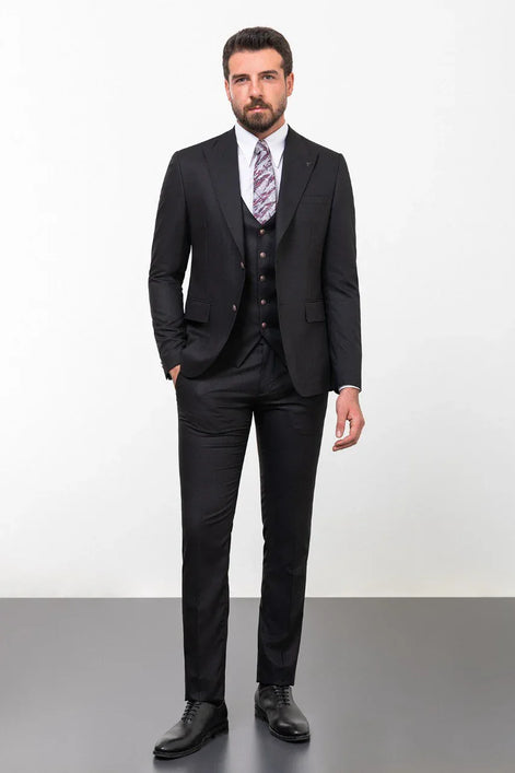 Tea Slim Fit Peak Lapel 3 Piece Suit Black