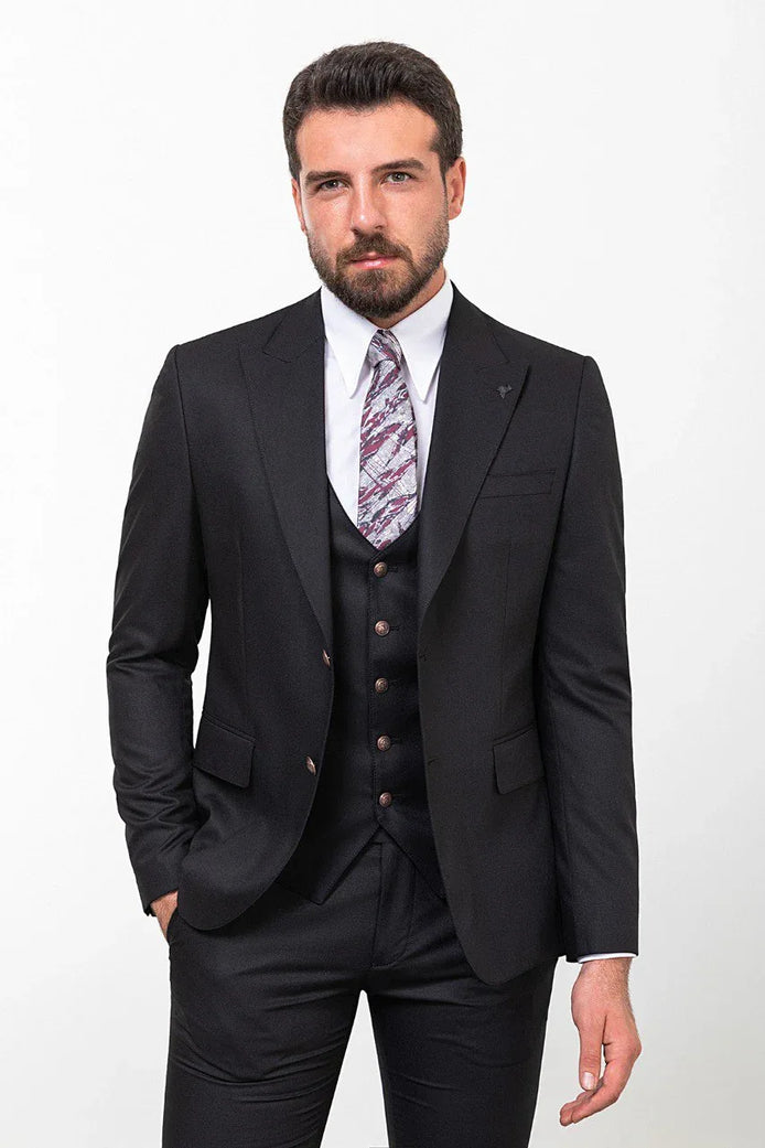 Tea Slim Fit Peak Lapel 3 Piece Suit Black