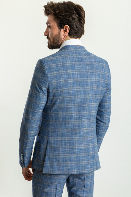 Tea Slim Fit Notch Lapel 3 Piece Blue Plaid Suit