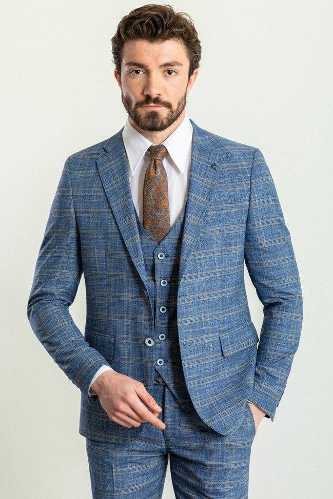 Tea Slim Fit Notch Lapel 3 Piece Blue Plaid Suit
