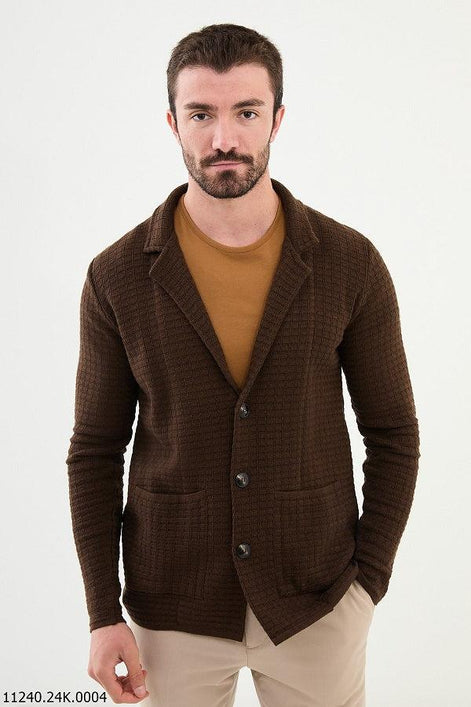 GentWith Tea Notch Collar Double Pocket Knit Brown Cardigan