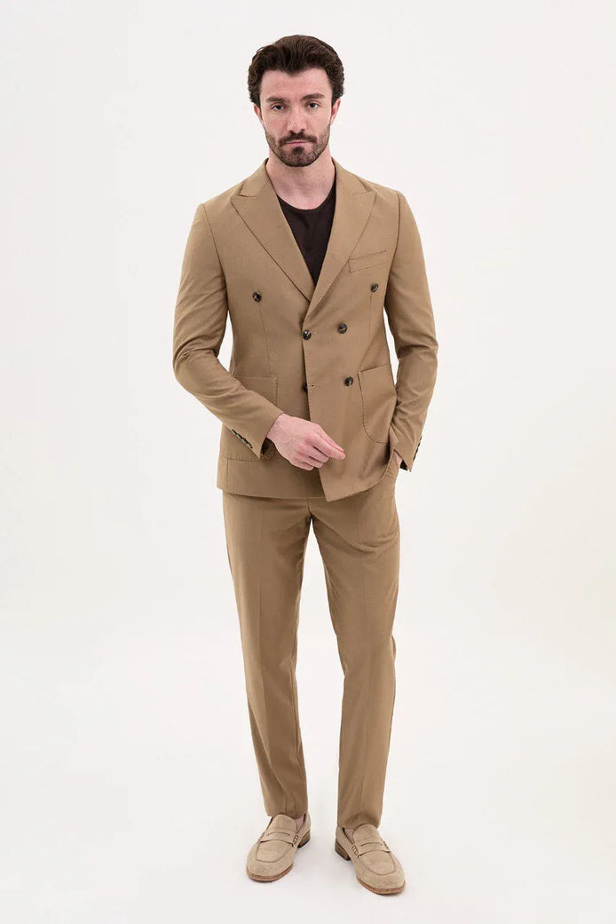 GentWith Tea Brown Slim Fit Double Breasted Suit