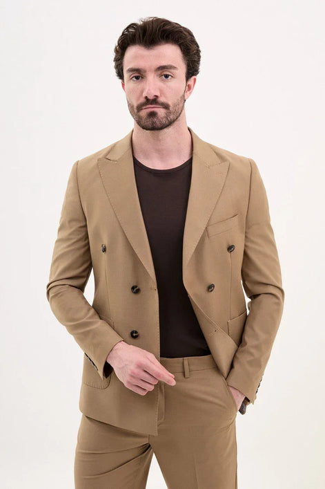 GentWith Tea Brown Slim Fit Double Breasted Suit