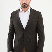 Tea Brown Slim Fit Notch Lapel Men's Plaid Wool Blazer