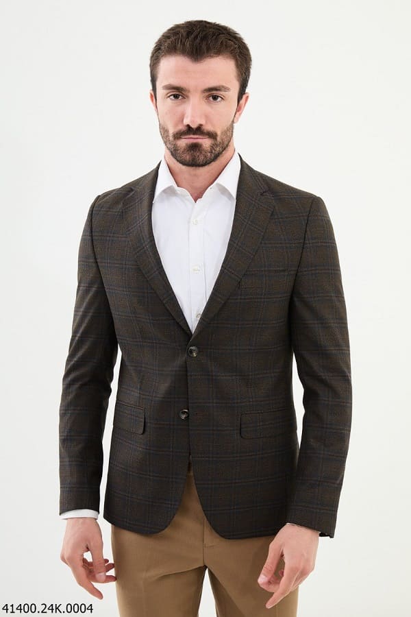 Tea Brown Slim Fit Notch Lapel Men's Plaid Wool Blazer
