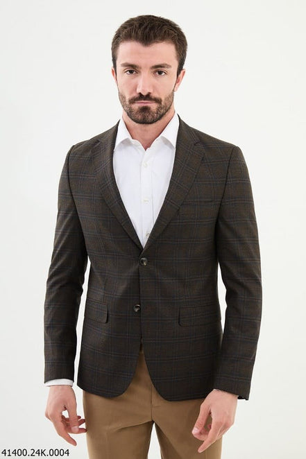 Tea Brown Slim Fit Notch Lapel Men's Plaid Wool Blazer