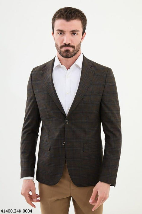 Tea Brown Slim Fit Notch Lapel Men's Plaid Wool Blazer