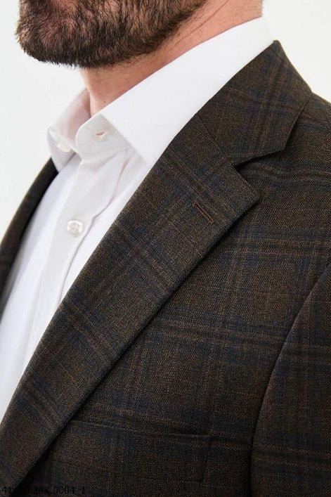 Tea Brown Slim Fit Notch Lapel Men's Plaid Wool Blazer