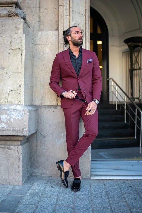Tea Slim Fit 2 Piece Burgundy Suit