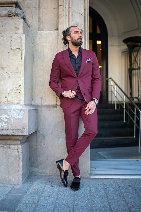 Tea Slim Fit 2 Piece Burgundy Suit