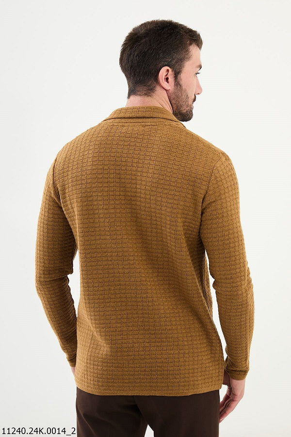 GentWith Tea Notch Collar Double Pocket Knit Camel Cardigan