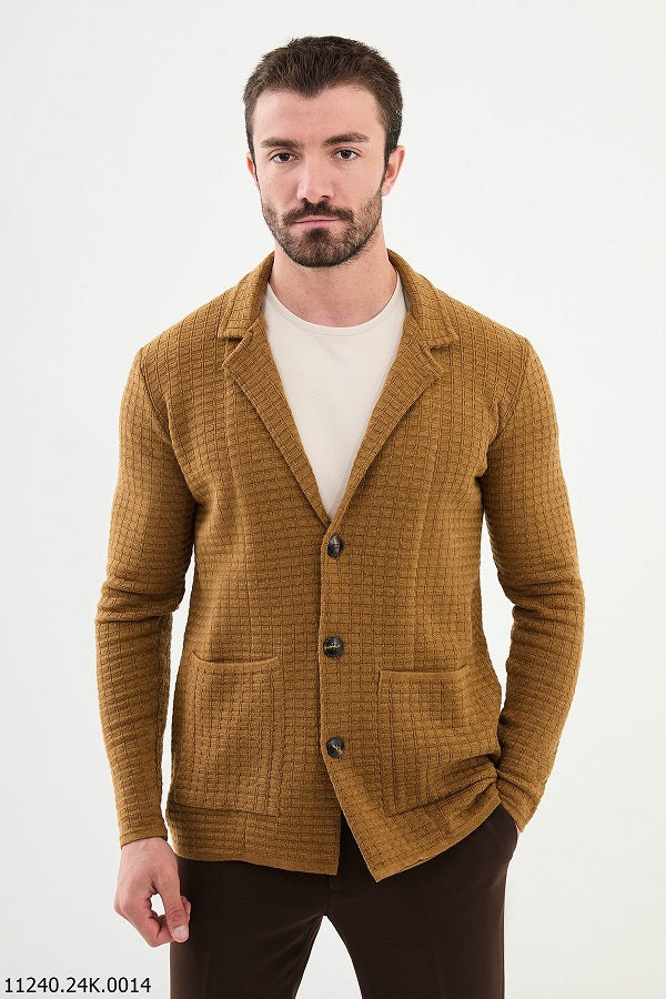 GentWith Tea Notch Collar Double Pocket Knit Camel Cardigan