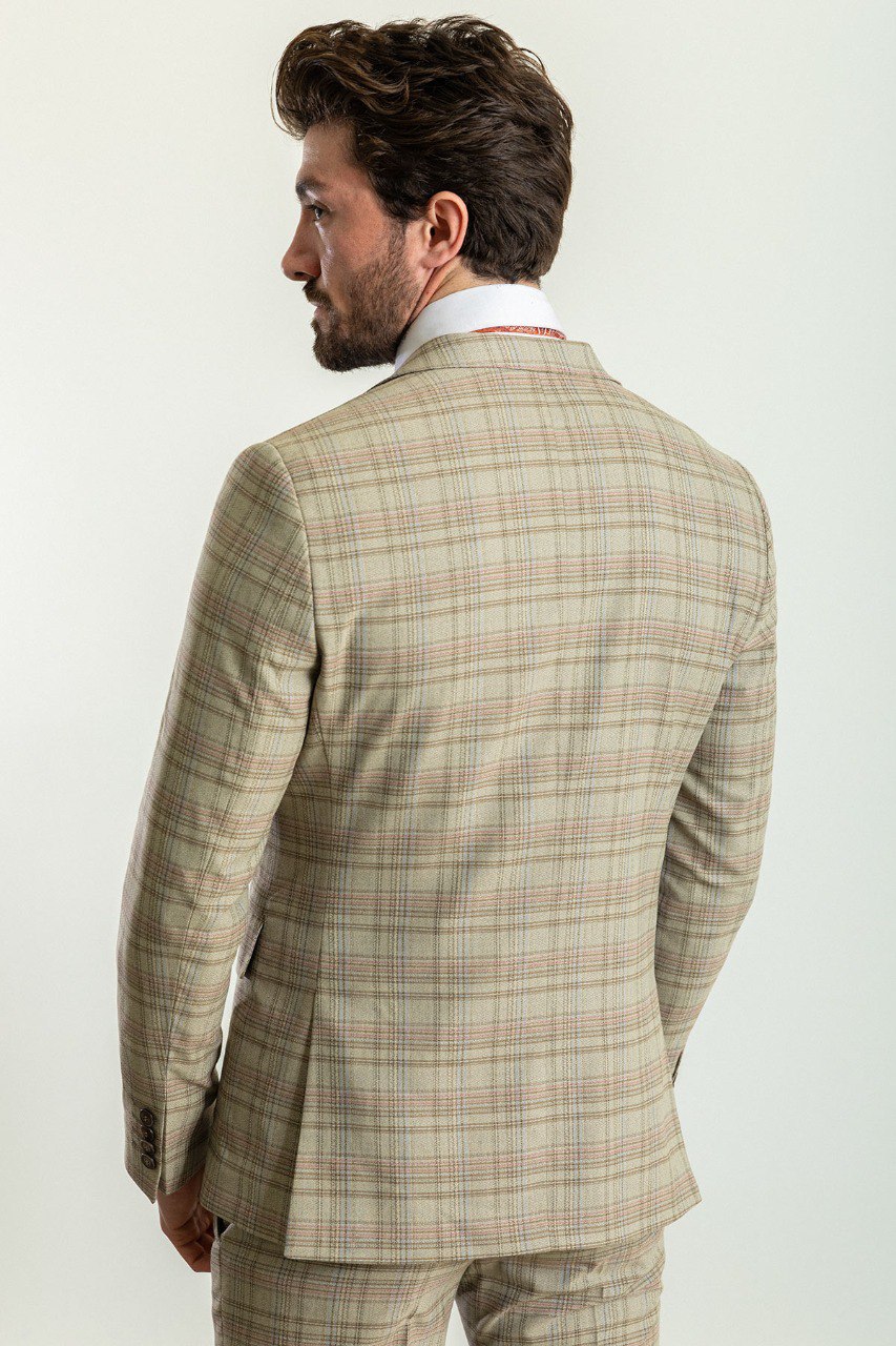 GentWith Tea Camel Orange Slim Fit Notch Lapel 3 Piece Plaid Suit