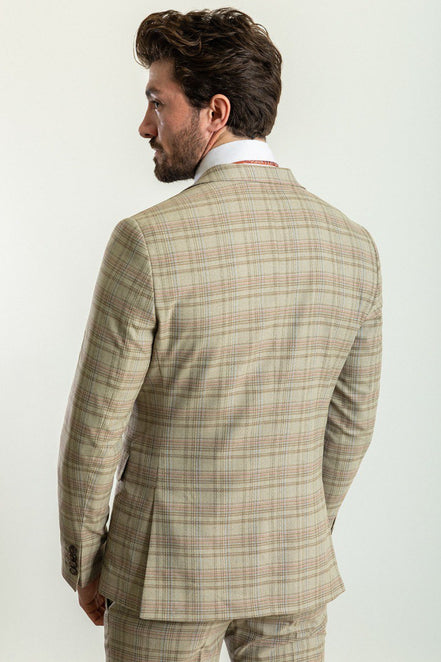GentWith Tea Camel Orange Slim Fit Notch Lapel 3 Piece Plaid Suit