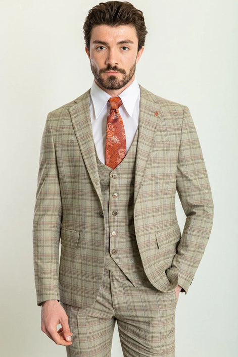 GentWith Tea Camel Orange Slim Fit Notch Lapel 3 Piece Plaid Suit