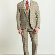 GentWith Tea Camel Orange Slim Fit Notch Lapel 3 Piece Plaid Suit