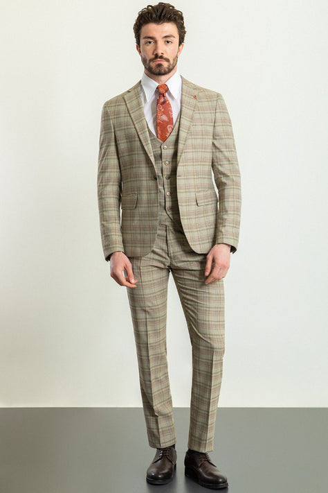 GentWith Tea Camel Orange Slim Fit Notch Lapel 3 Piece Plaid Suit