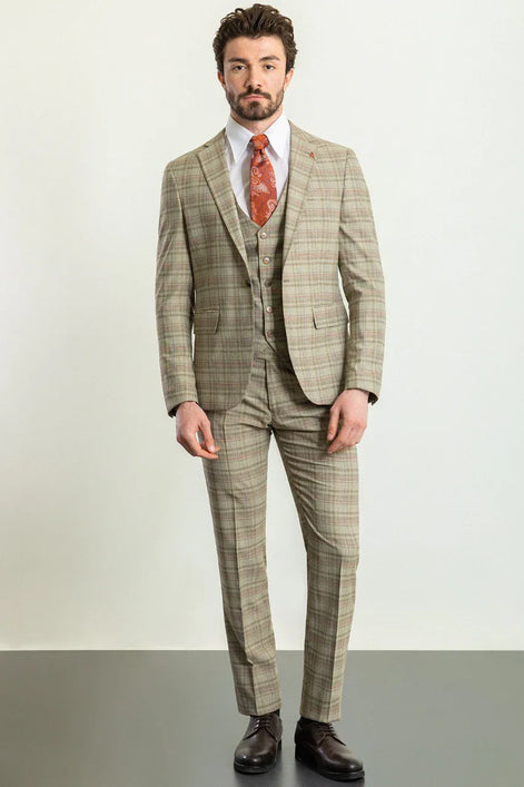 GentWith Tea Camel Orange Slim Fit Notch Lapel 3 Piece Plaid Suit