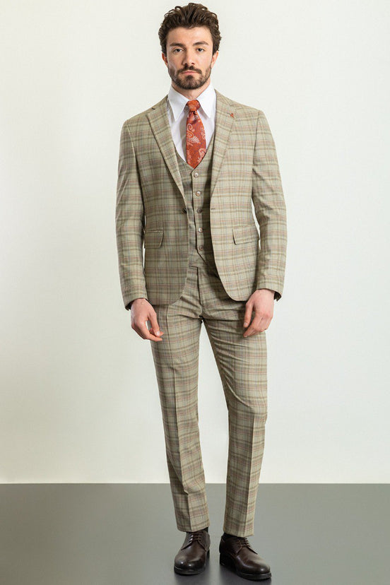 Camel Orange Slim Fit Notch Lapel 3 Piece Plaid Suit