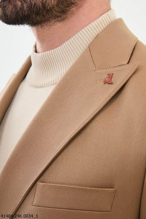 Tea Camel Slim Fit Double Breasted Men's Buckle Blazer