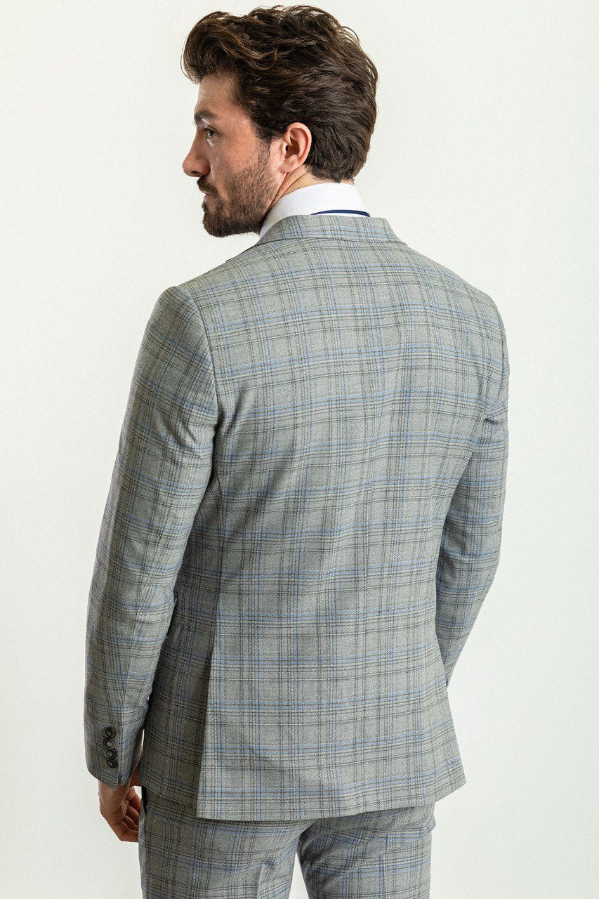 GentWith Tea Gray Blue Slim Fit Notch Lapel 3 Piece Plaid Suit