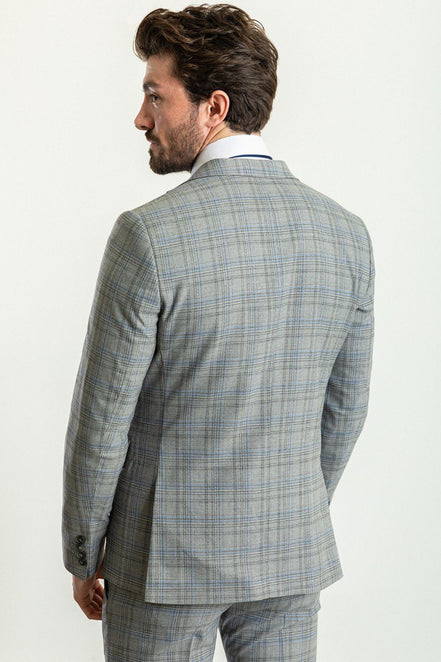 GentWith Tea Gray Blue Slim Fit Notch Lapel 3 Piece Plaid Suit