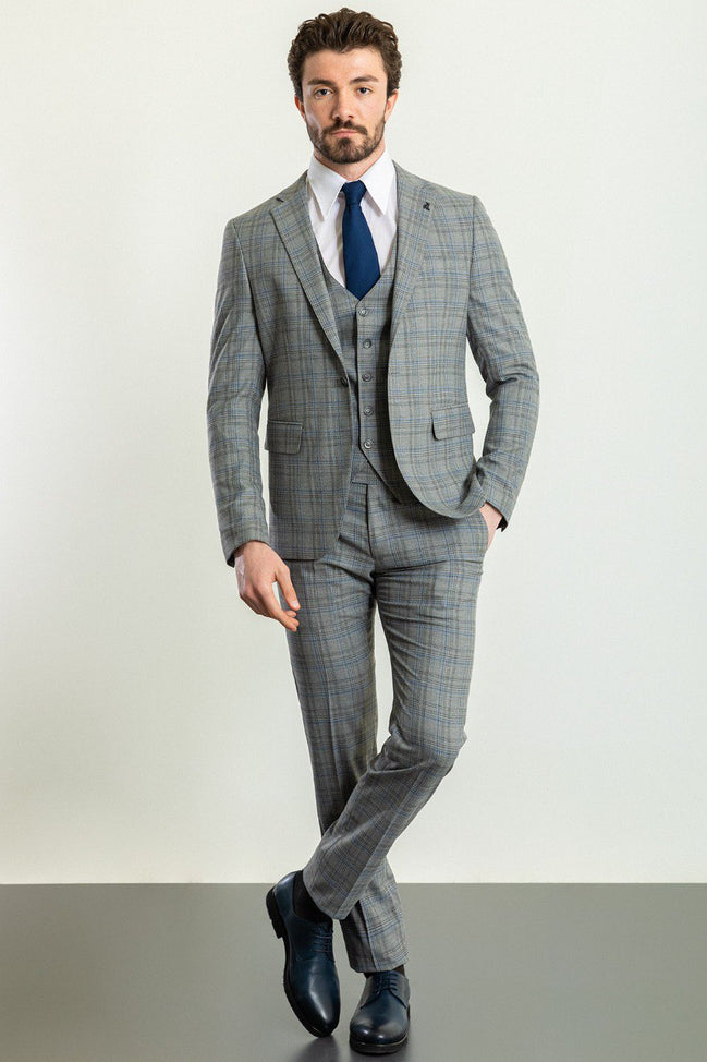 GentWith Tea Gray Blue Slim Fit Notch Lapel 3 Piece Plaid Suit
