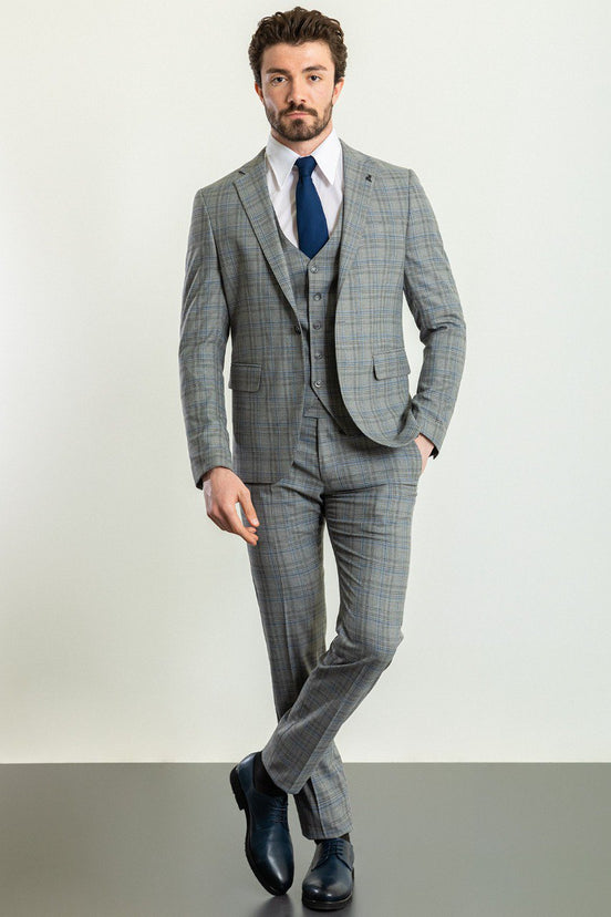 Gray Blue Slim Fit Notch Lapel 3 Piece Plaid Suit
