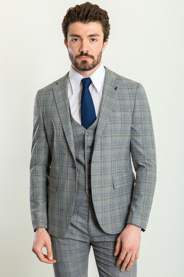 GentWith Tea Gray Blue Slim Fit Notch Lapel 3 Piece Plaid Suit