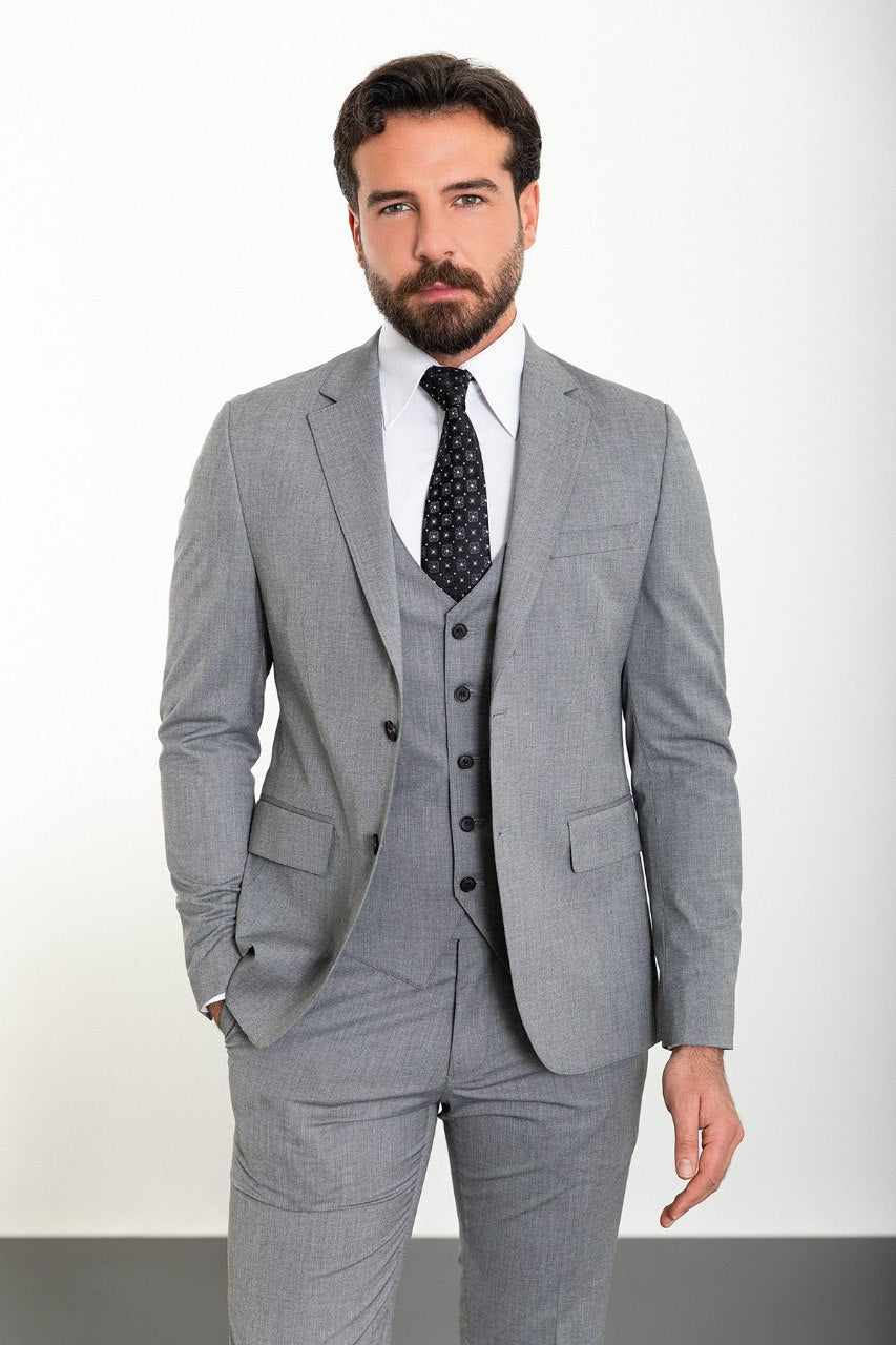 Tea Slim Fit Notch Lapel Gray 3 Piece Suit
