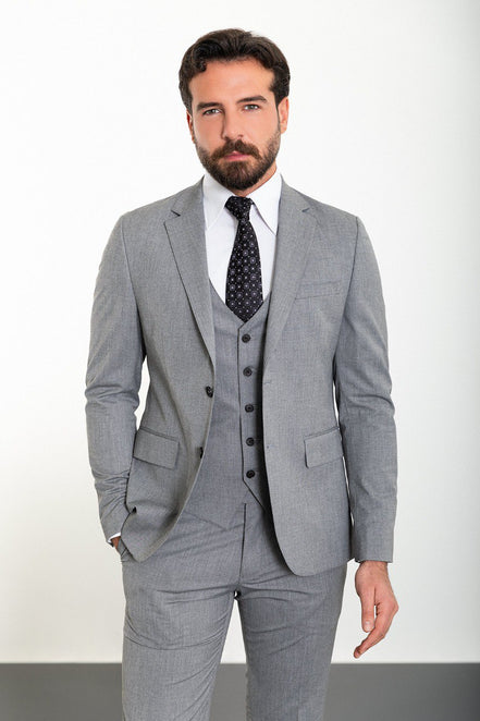 Tea Slim Fit Notch Lapel Gray 3 Piece Suit