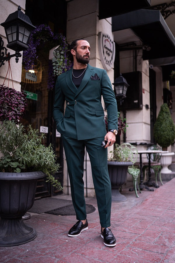GentWith Tea Green Slim Fit 2 Piece Double Breasted Buckle Suit