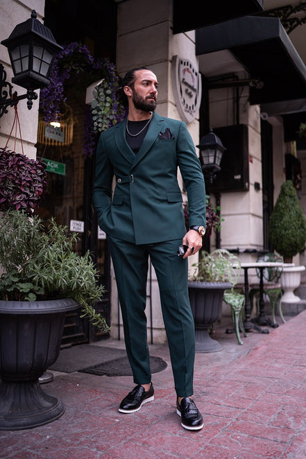 GentWith Tea Green Slim Fit 2 Piece Double Breasted Buckle Suit