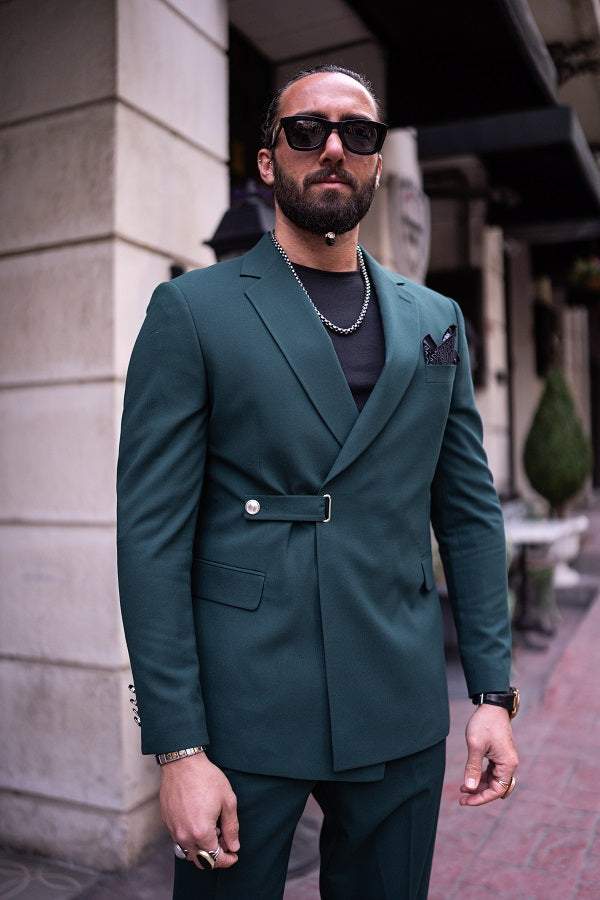GentWith Tea Green Slim Fit 2 Piece Double Breasted Buckle Suit