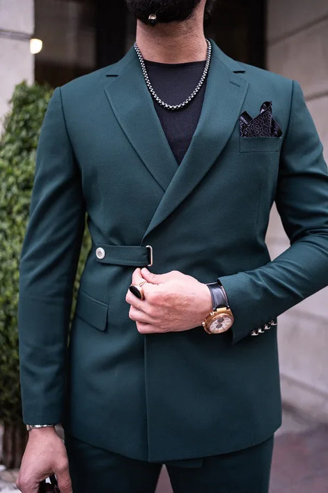 GentWith Tea Green Slim Fit 2 Piece Double Breasted Buckle Suit