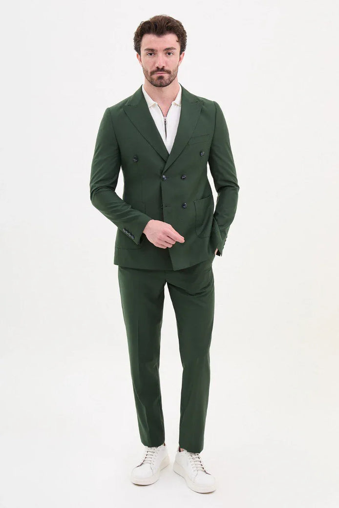 GentWith Tea Dark Green Slim Fit Double Breasted Suit