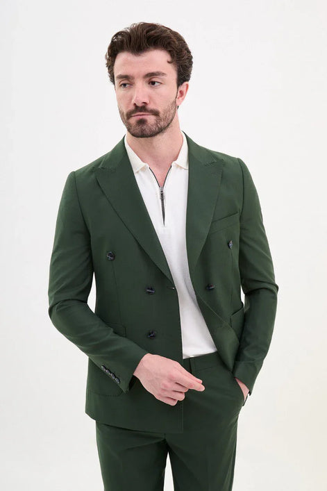 GentWith Tea Dark Green Slim Fit Double Breasted Suit