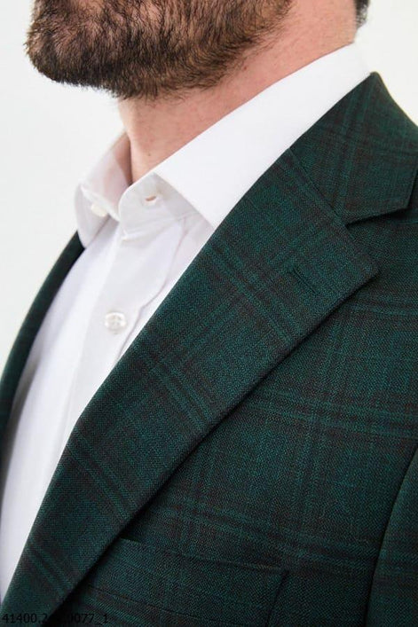 Tea Green Slim Fit Notch Lapel Men's Plaid Wool Blazer